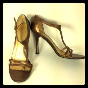 BCBG T-strap bronze heels