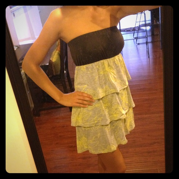 Layered Tube Dress w/ Yellow on Gray Floral Print