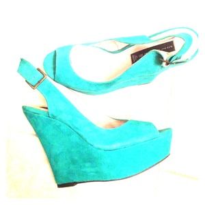 Steve. By Steve Madden. Teal suede wedges.
