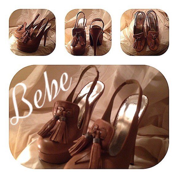 bebe Shoes - Tan BeBe round toe platforms with tassels