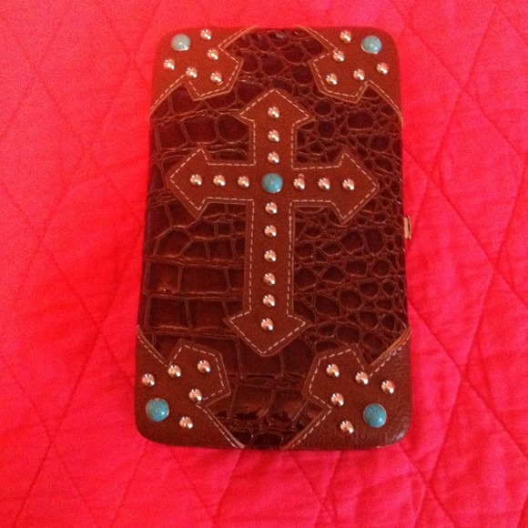 Brown and teal cross wallet