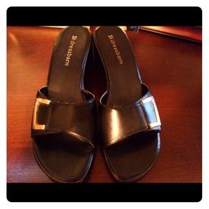 Black heeled sandal with silver buckle detail