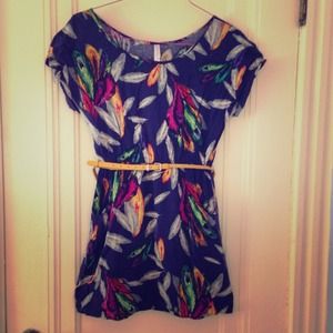 Blue sundress, colorful feather print