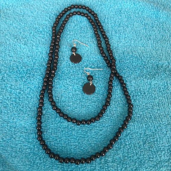 Black Beaded Necklace with Earrings