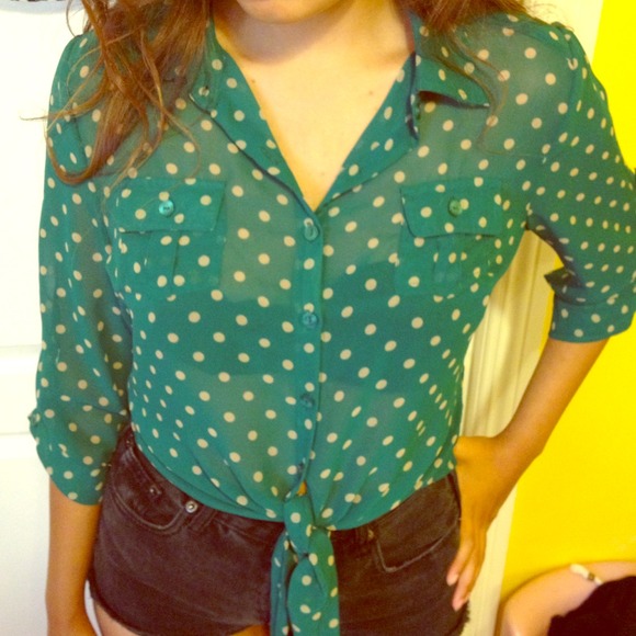 chiffon green polka dot tie up blouse