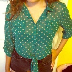 chiffon green polka dot tie up blouse