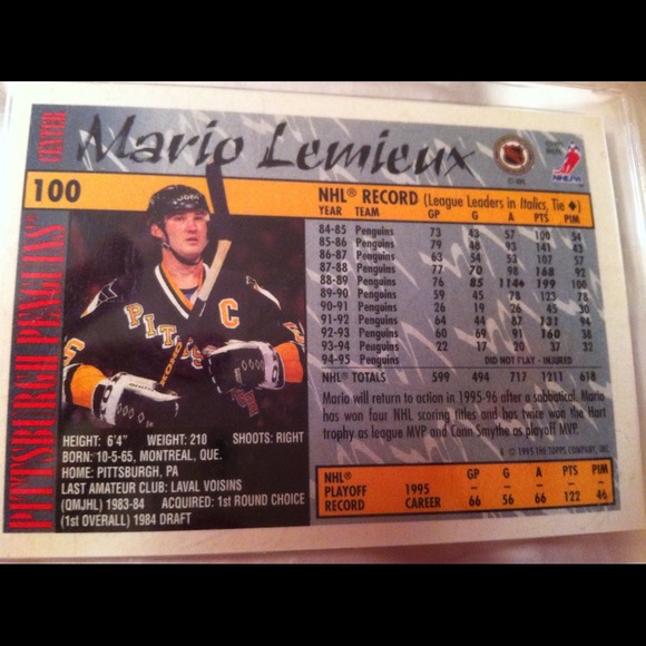 Pittsburgh Penguins Mario Lemieux TOPPS card 1995 - Picture 2 of 2