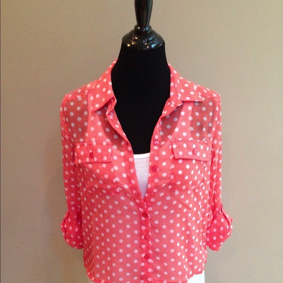 SOLD THROUGH BOUTIQUE. Coral polka dot blouse