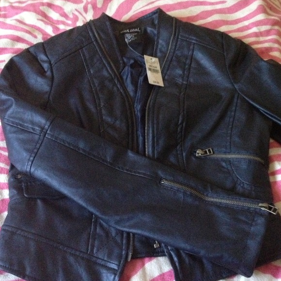 Blue faux leather biker jacket