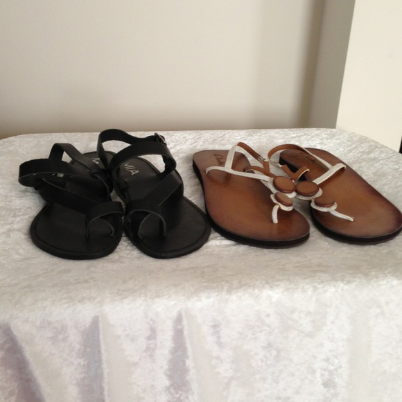 Black Mia sandal and white w tan Clarks sandal