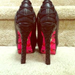 Betsey Johnson, black corset high-heel shoes.