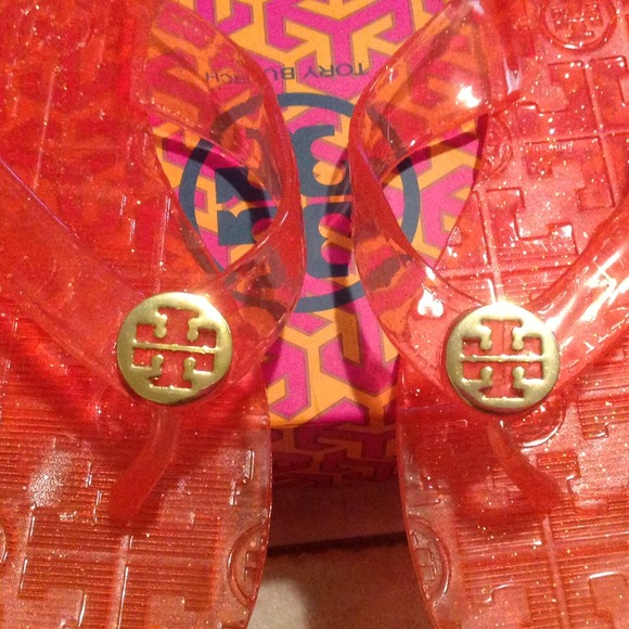 New TORY BURCH Orange Sparkle Jelly Flip Flops Sz6 - Picture 2 of 4