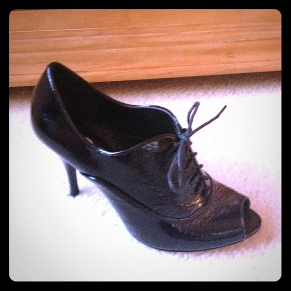 Aldo black patent leather peep toe lace up booties