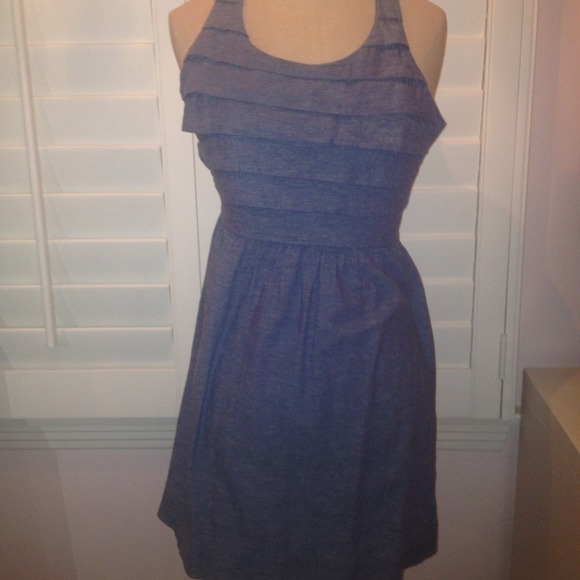 Blue Ruffled Chambray Dress with Criss Cross Back