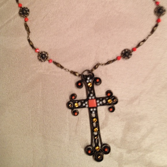 Antique gold tone cross with coral & pearl beads - Picture 1 of 4