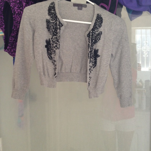 Gray cardigan with black bead detail