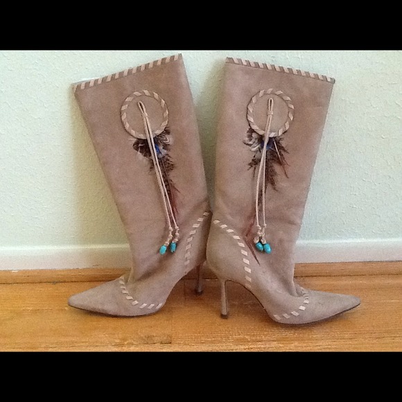 Jimmy Choo Boots Shoes Tan Suede Feather Size 36 6