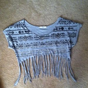 grey tribal print fringe top
