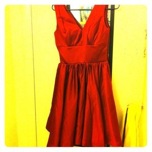 Beautiful red satin A line V neck bridesmaid dress