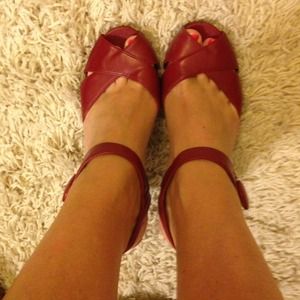 Ae red button ankle strap peep toe heels