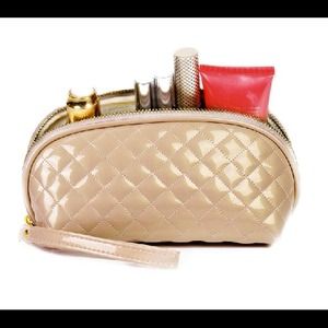 Gold Glitter Diamond Quilted Cosmetic Bag - Beige