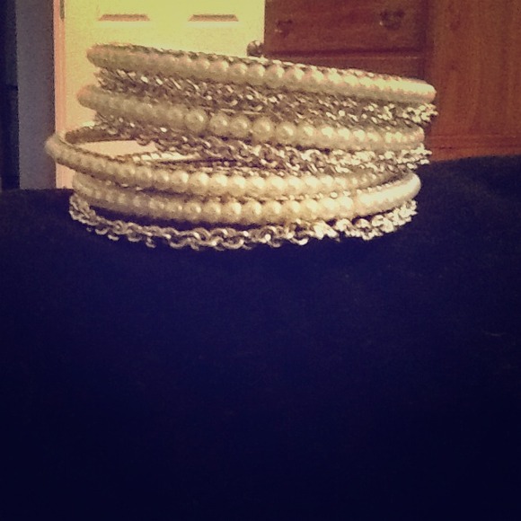 Stack of pearl metal bangle bracelet