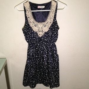 Blue Polka Dot Dress w/ Cream lace Detail