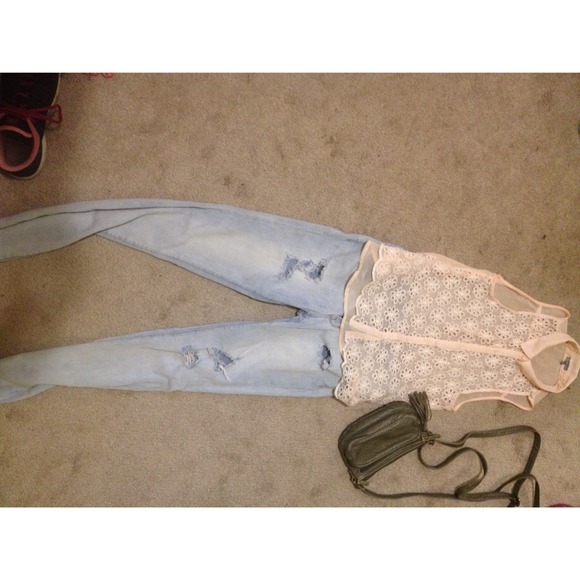 Peach, lace button up shirt. - Picture 2 of 2