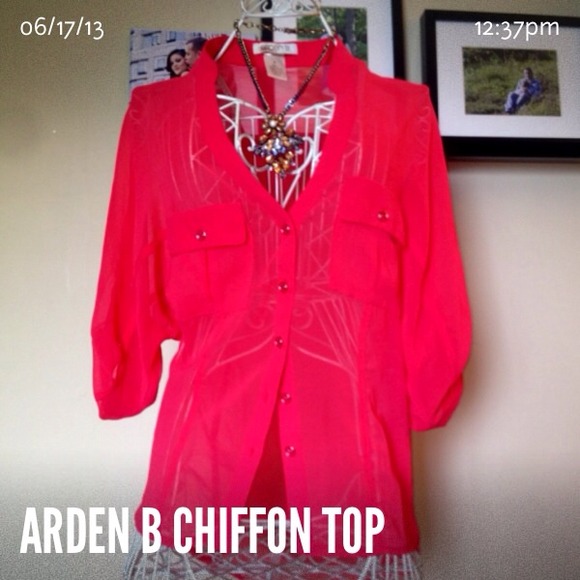 Bright coral chiffon button down top