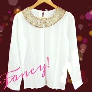NWOT White Blouse W/ Gold Glitter Peter Pan Collar