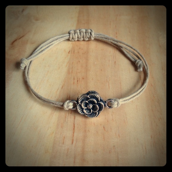 Silver Flower Charm Adjustable Hemp Bracelet
