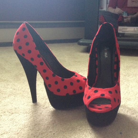 Red and black polka dot heels