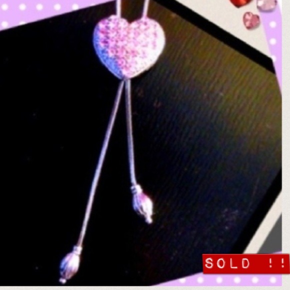 💖Pink heart pull string necklace -silver & pink