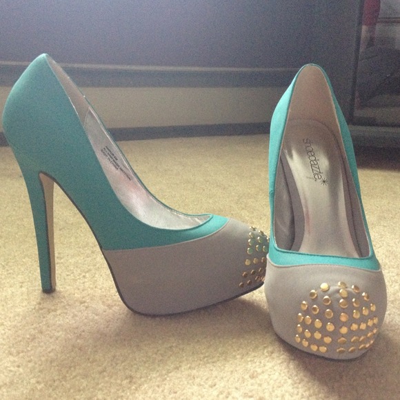 Turquoise and gray heels with studded detail