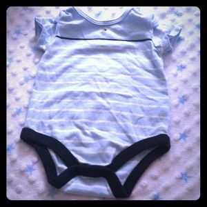 Blue and white stripped baby onesie