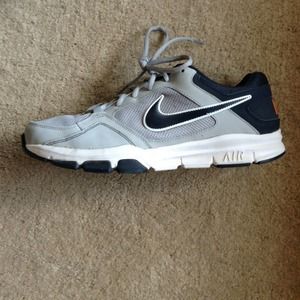 Men's size 11 navy blue, gray, and white shoes.