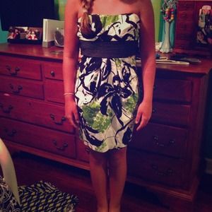 Two floral strapless dresses