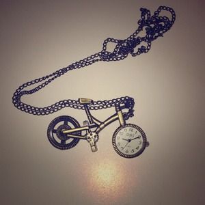 super cute long chain bike clock necklace