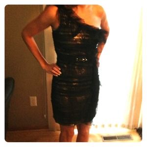 Black, one shoulder, ruffle front cocktail dress