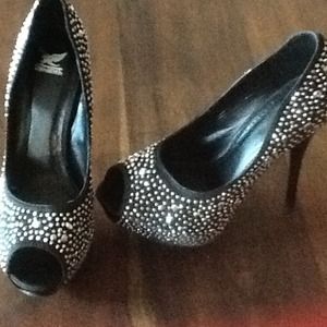 Sexy black heels with rhinestones, peep toe.