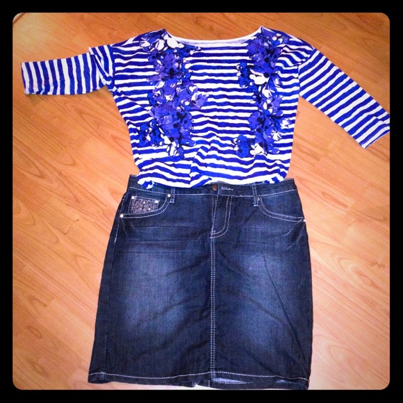Jean skirt & loft shirt.