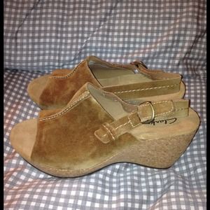 On hold...CLARK'S Brown Suede sling back wedge.