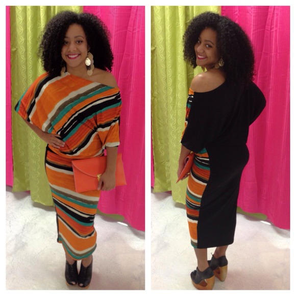 Orange abstract off shoulder dress