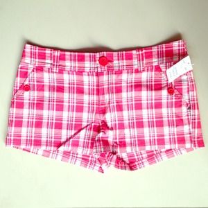 Red and white checkered shorts.