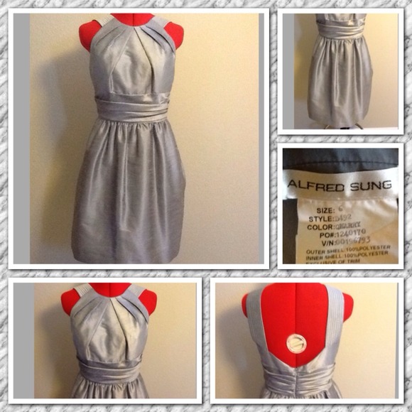 Alfred Sung muted silver formal dress.