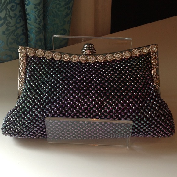 Iridescent beaded clutch