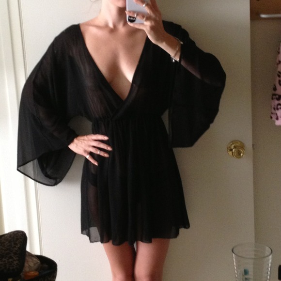 ❌RESERVED❌Sheer black mini dress long bell sleeves - Picture 1 of 3