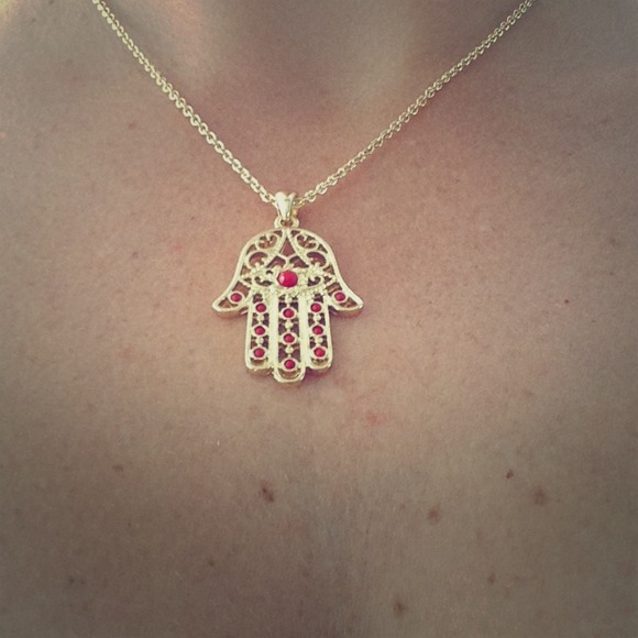 Hamsa Necklace, yellow gold, red stones