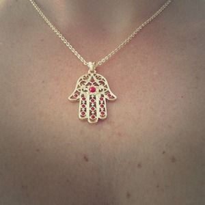 Hamsa Necklace, yellow gold, red stones