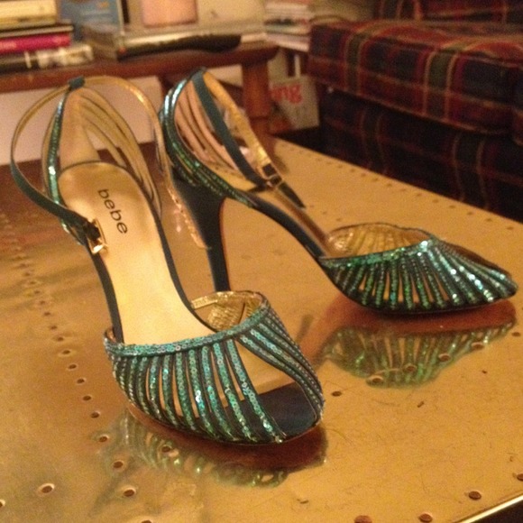 Sequined Bebe peep toe heels.